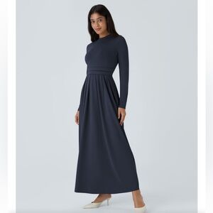 NWT Halara Maxi Dress Women’s Medium Black Jersey Mock Neck Fit & Flare Pockets